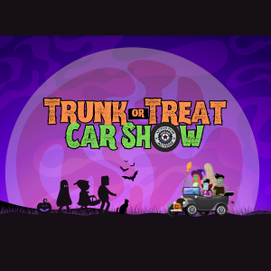 A graphic promoting a Trunk or Treat Car Show against a purple night sky with a full moon, silhouettes of trick-or-treaters, and a decorated vintage car.